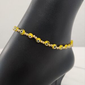 Yellow Evil Eye Beaded Anklet Bracelet Gold Accent Bracelet